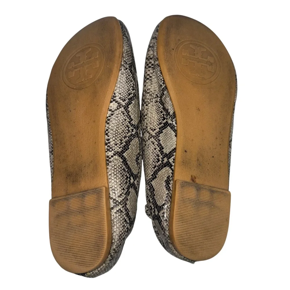 Tory Burch Minnie Travel Ballet Flats Snakeskin Embossed‎ Gold Logo 36 N3018-7S